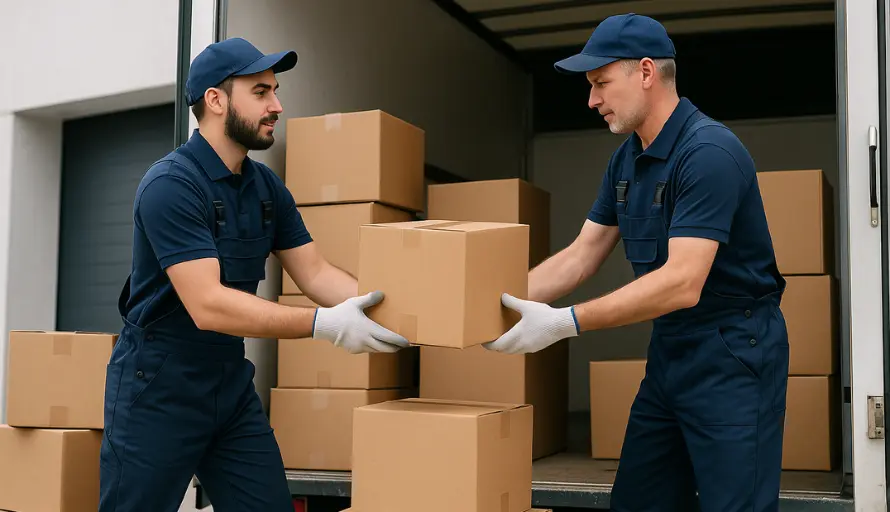 Affordable long-distance movers lifting boxes