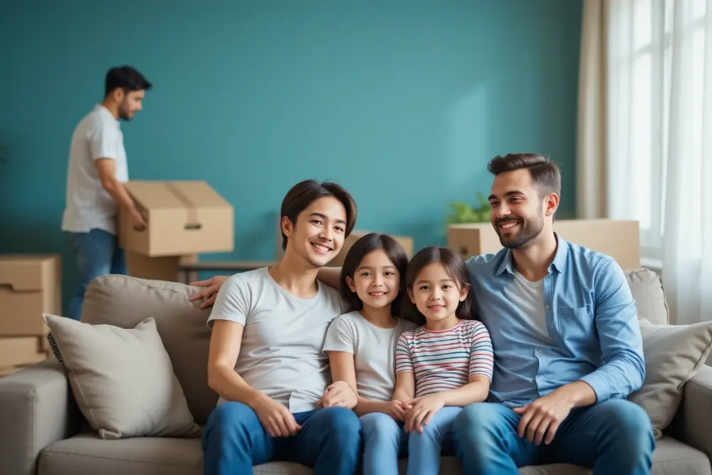 A family happily sit after moving interstate