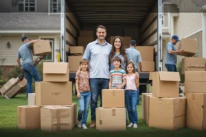 A happy family standing near a moving truck