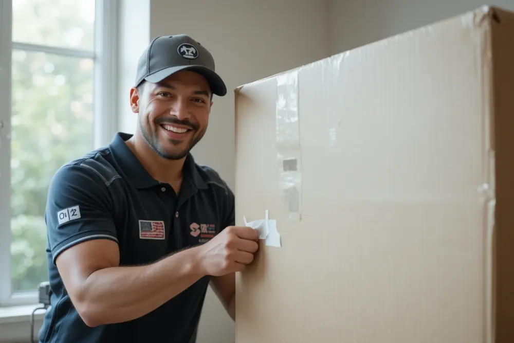 A mover team member labling the boxes