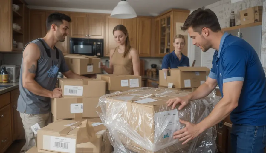 Moving company persons unloading the boxes to customer house