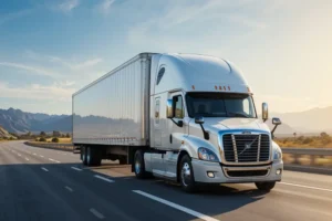 A moving truck is running on road