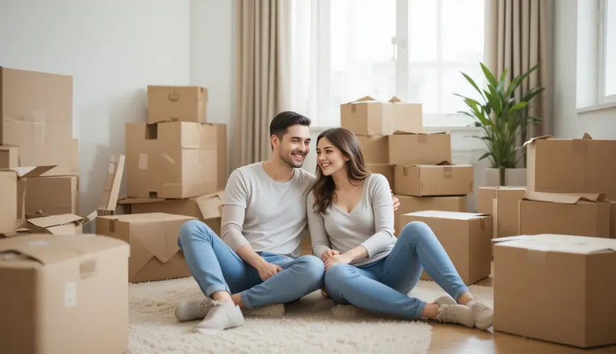 A couple sitting happy after moving