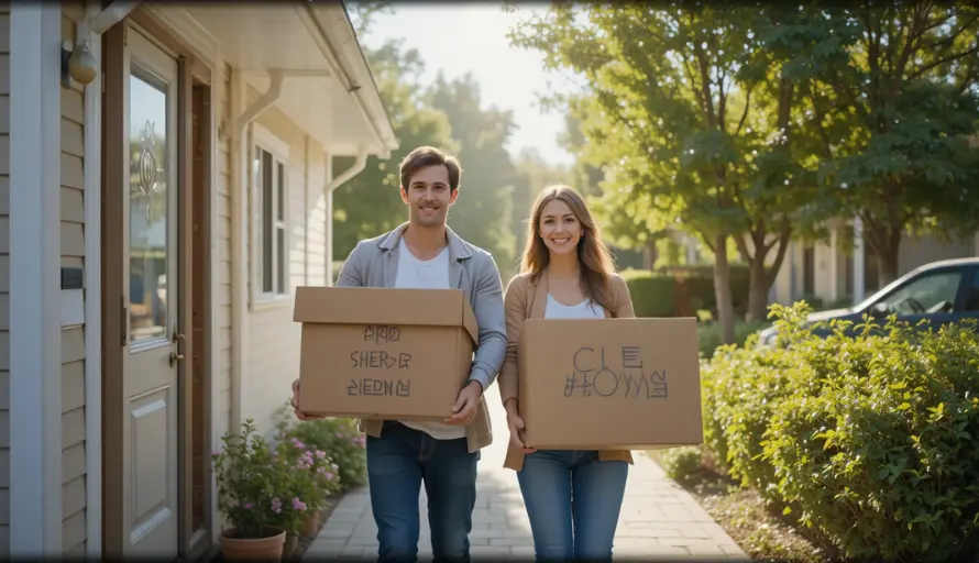 A couple coming with moving boxes in home