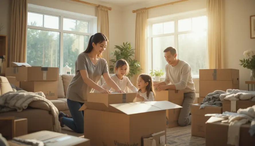 A family opening boxes after moving completed