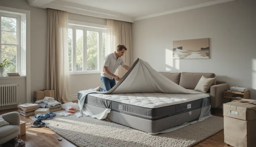A man packing mattress