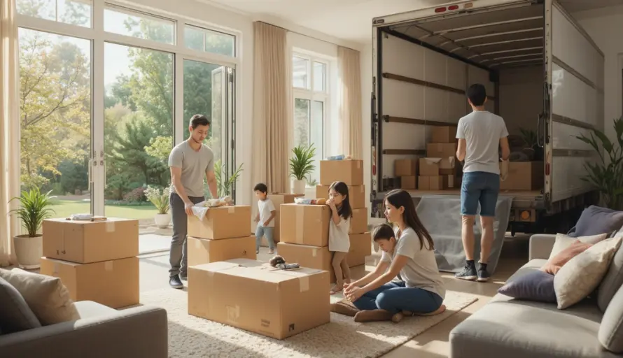 Kids and mother packing toys