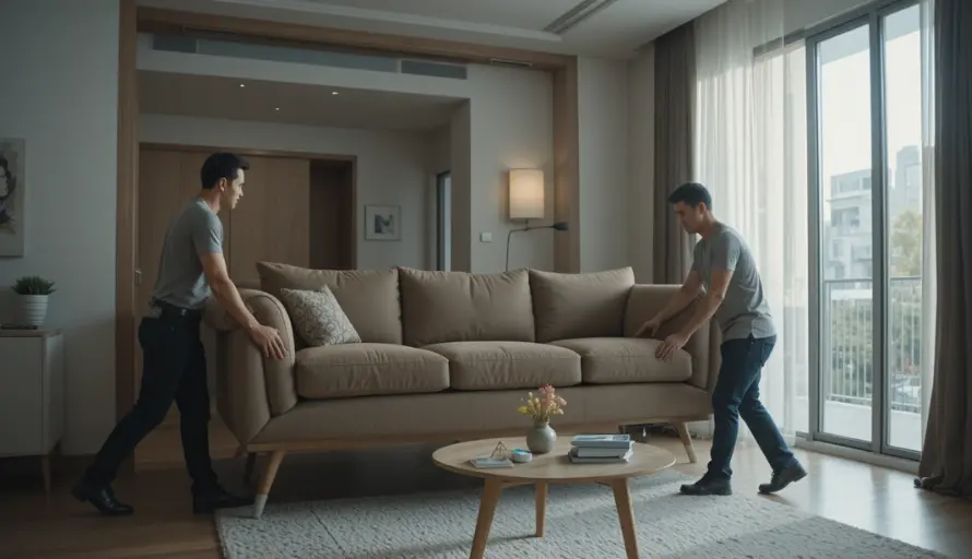 Professional movers carefully carrying a large sofa