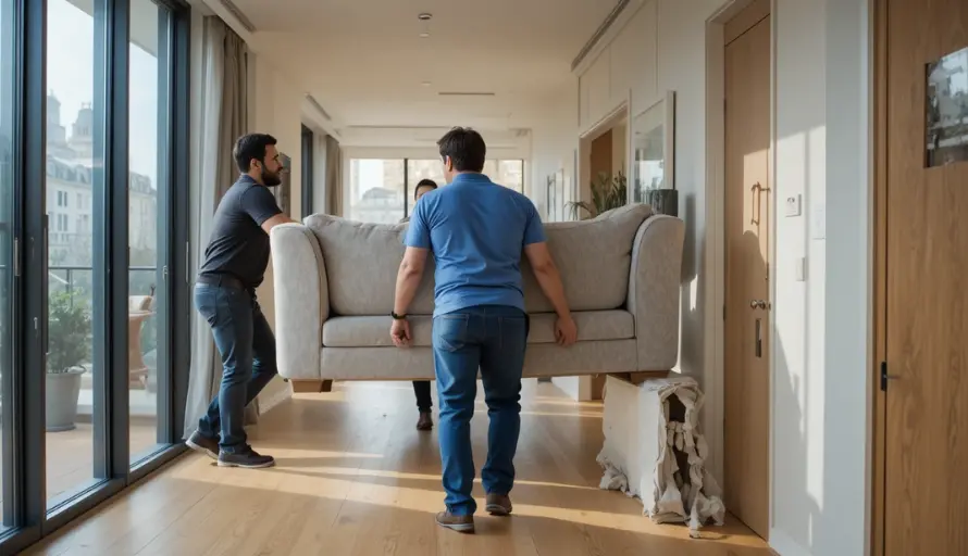Professional movers packing sofa in truck